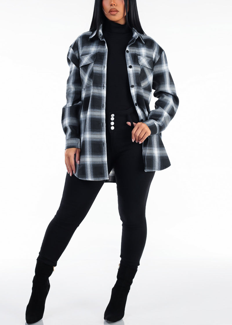 Long Sleeve Button Up Plaid Shacket Black & White