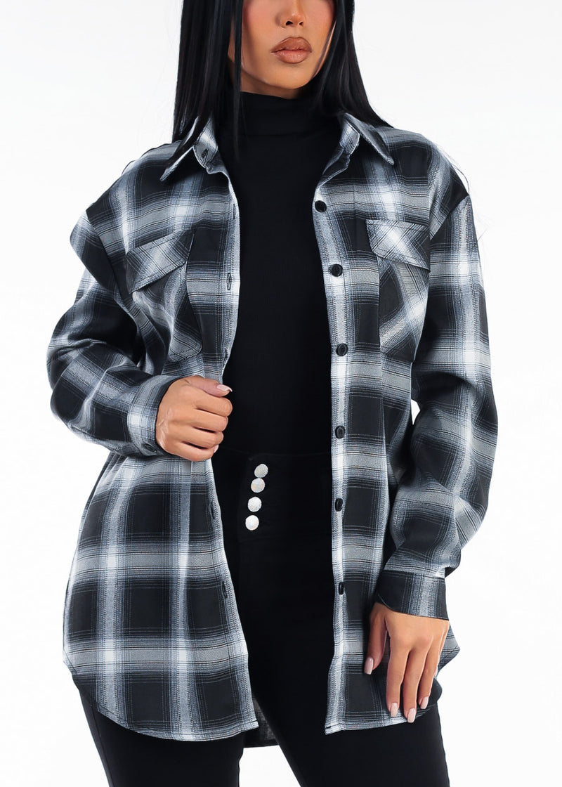 Long Sleeve Button Up Plaid Shacket Black & White