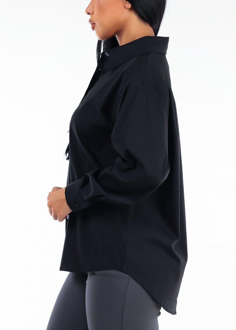 Long Sleeve Oversized Stretch Button Up Collared Blouse Black