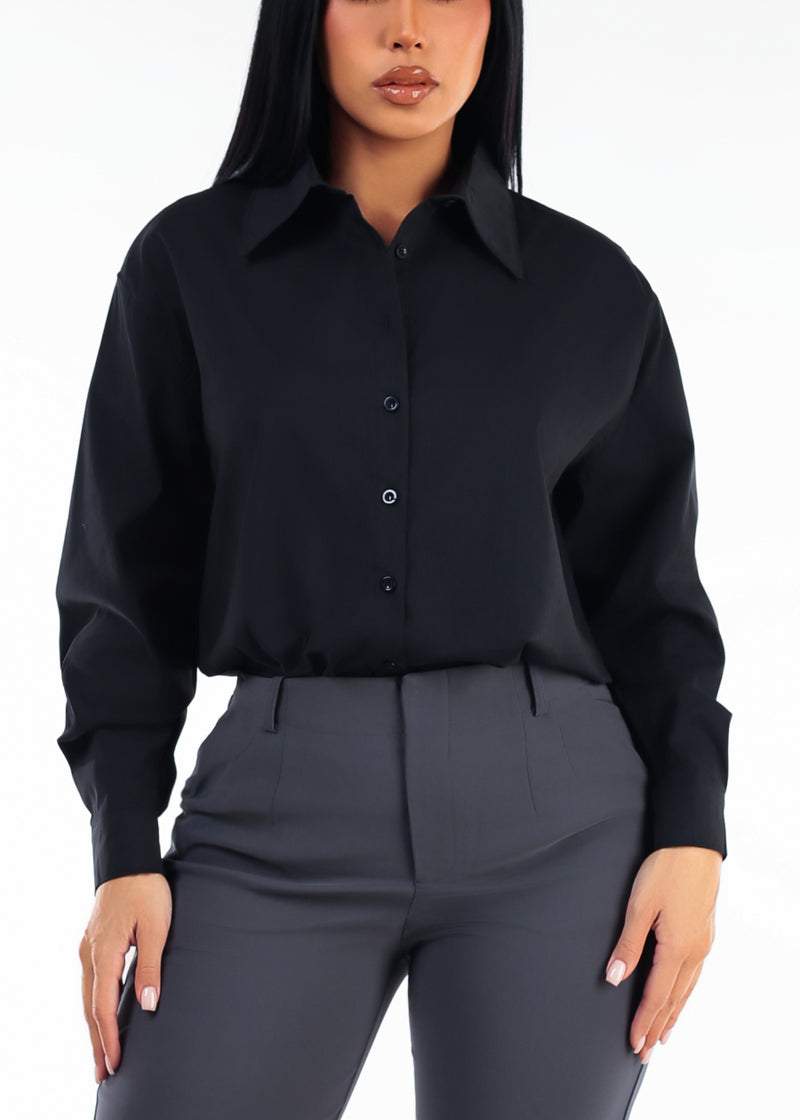 Long Sleeve Oversized Stretch Button Up Collared Blouse Black