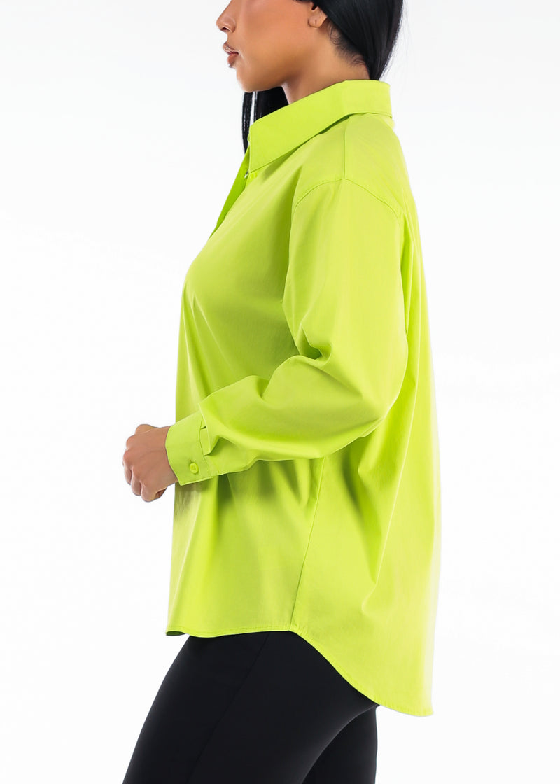 Long Sleeve Oversized Stretch Button Up Collared Blouse Bright Green