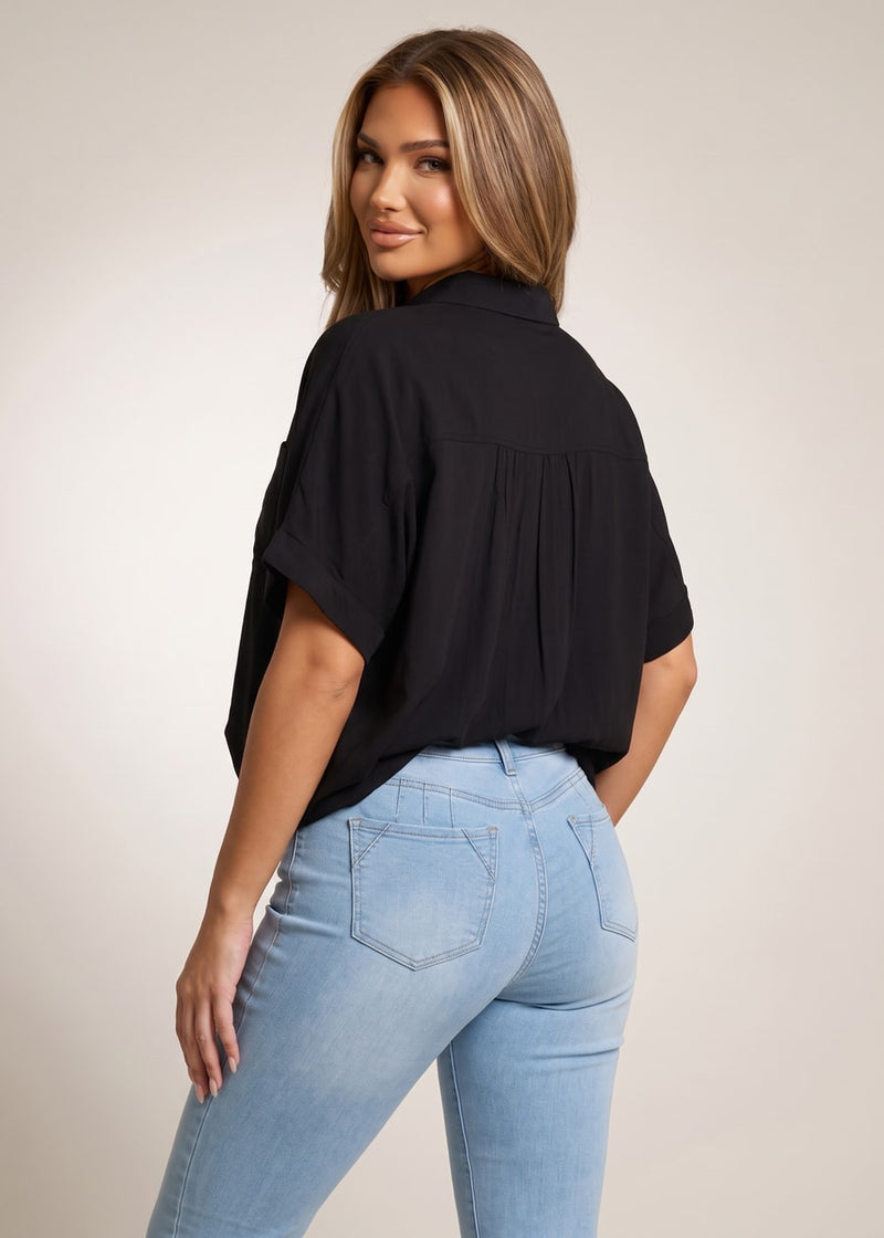Short Sleeve Button Up Collared Shirt Black