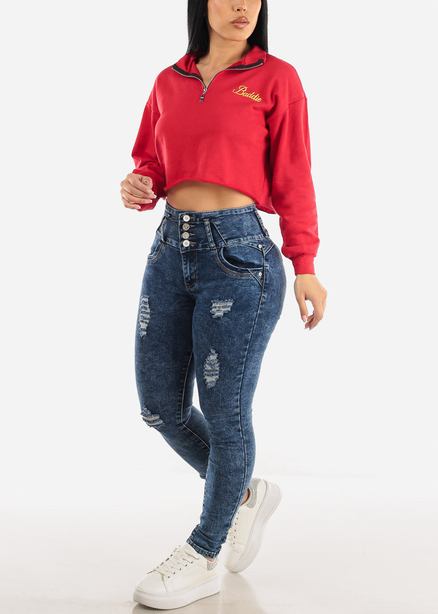 Long Sleeve Cropped Sweatshirt Red "Baddie"