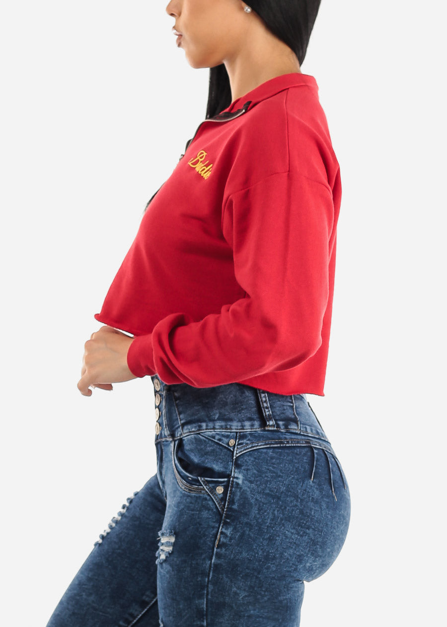 Long Sleeve Cropped Sweatshirt Red "Baddie"