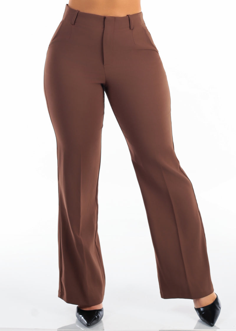 Butt Lift Super High Waist Wide Leg Stretch Dress Pants Brown