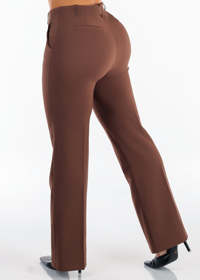 Butt Lift Super High Waist Wide Leg Stretch Dress Pants Brown