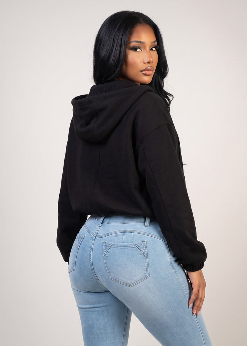 Long Sleeve Zip Up Bomber Jacket Black w Hoody