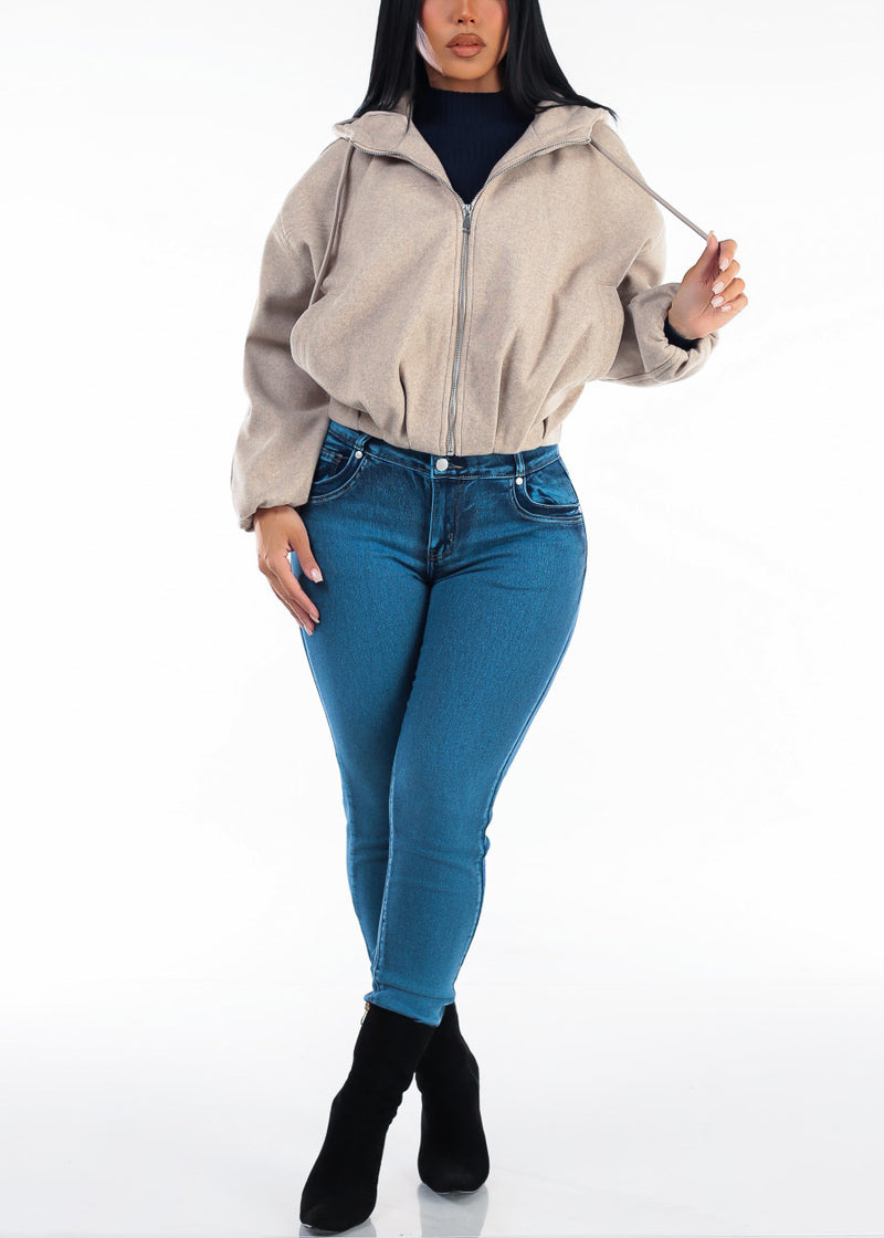 Long Sleeve Zip Up Bomber Jacket Oatmeal w Hoody