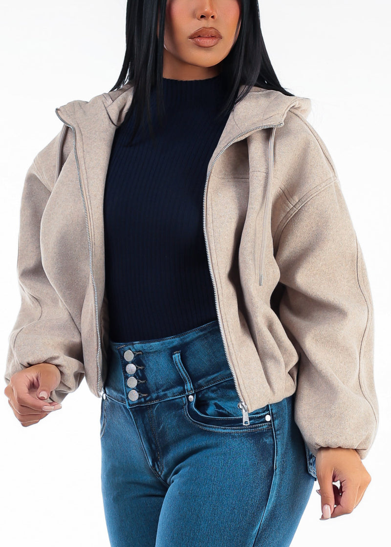 Long Sleeve Zip Up Bomber Jacket Oatmeal w Hoody