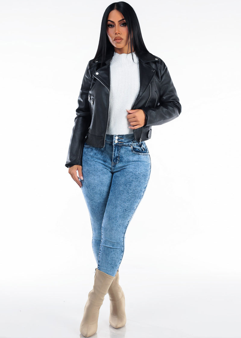 Zip Up Long Sleeve Vegan Leather Black Moto Jacket