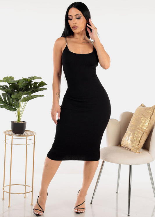 Sleeveless Ribbed Black Bodycon Midi Dress