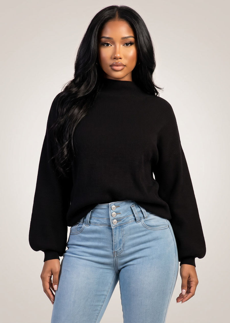 Long Sleeve Mock Neck Brushed Rib Stretch Sweater Black