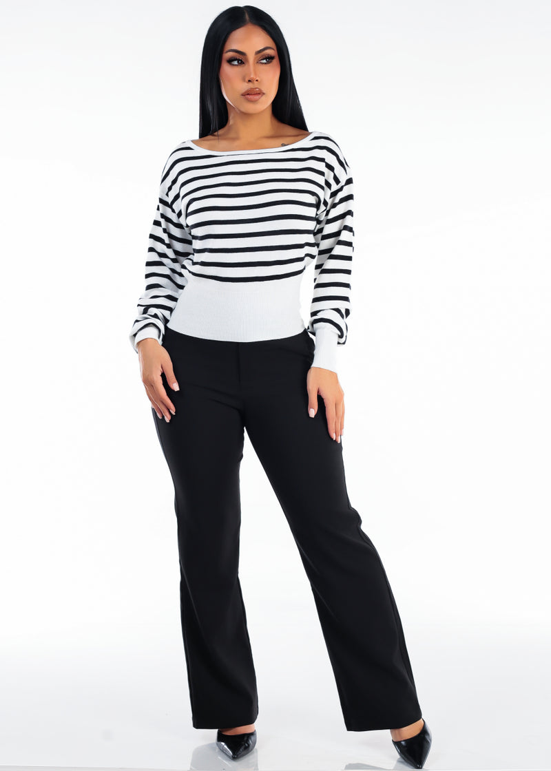 Long Sleeve Boat Neckline Stripe Sweater W&B