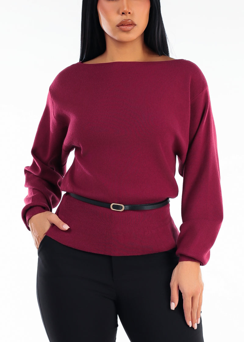 Belted Long Sleeve Boat Neckline Sweater Wine
