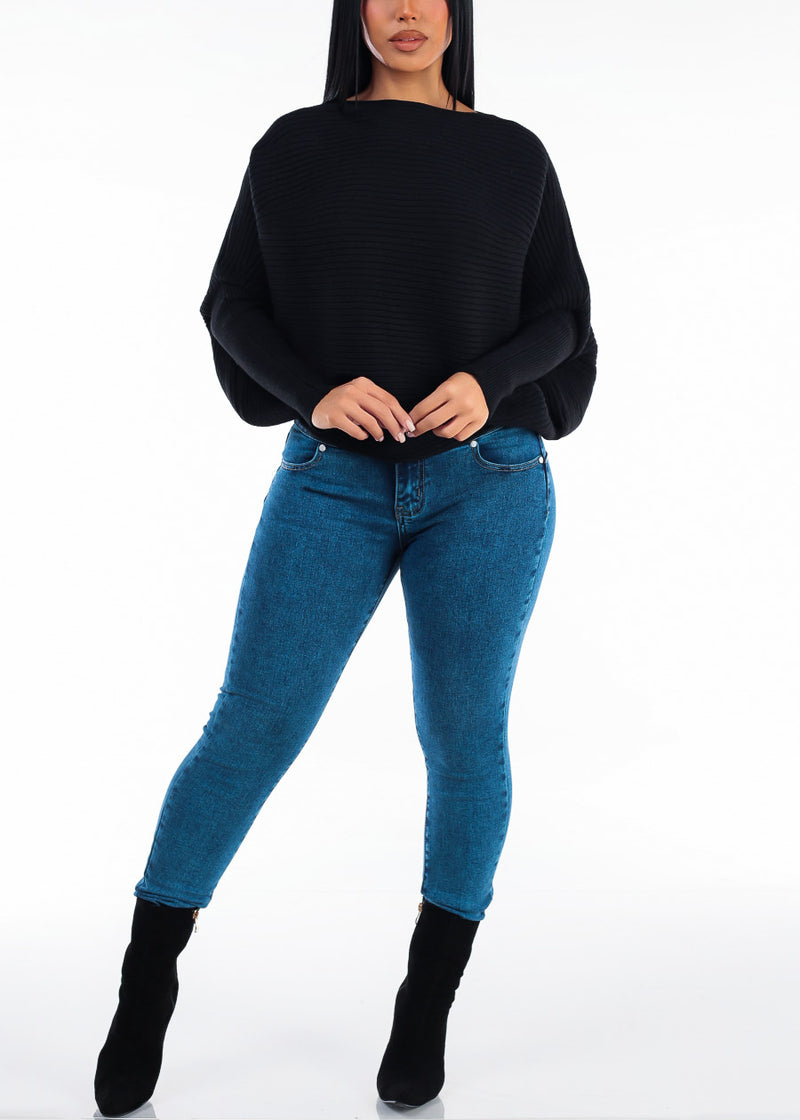 Long Sleeve Boat Neckline Ribbed Sweater Black
