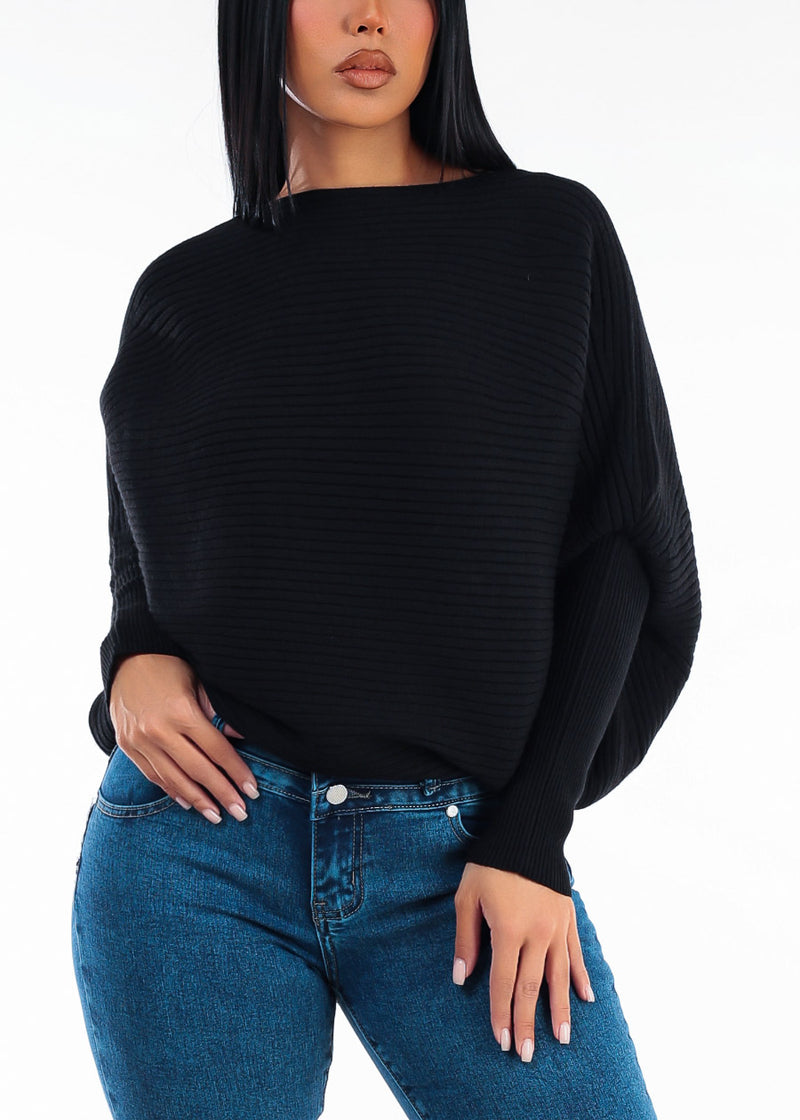 Long Sleeve Boat Neckline Ribbed Sweater Black