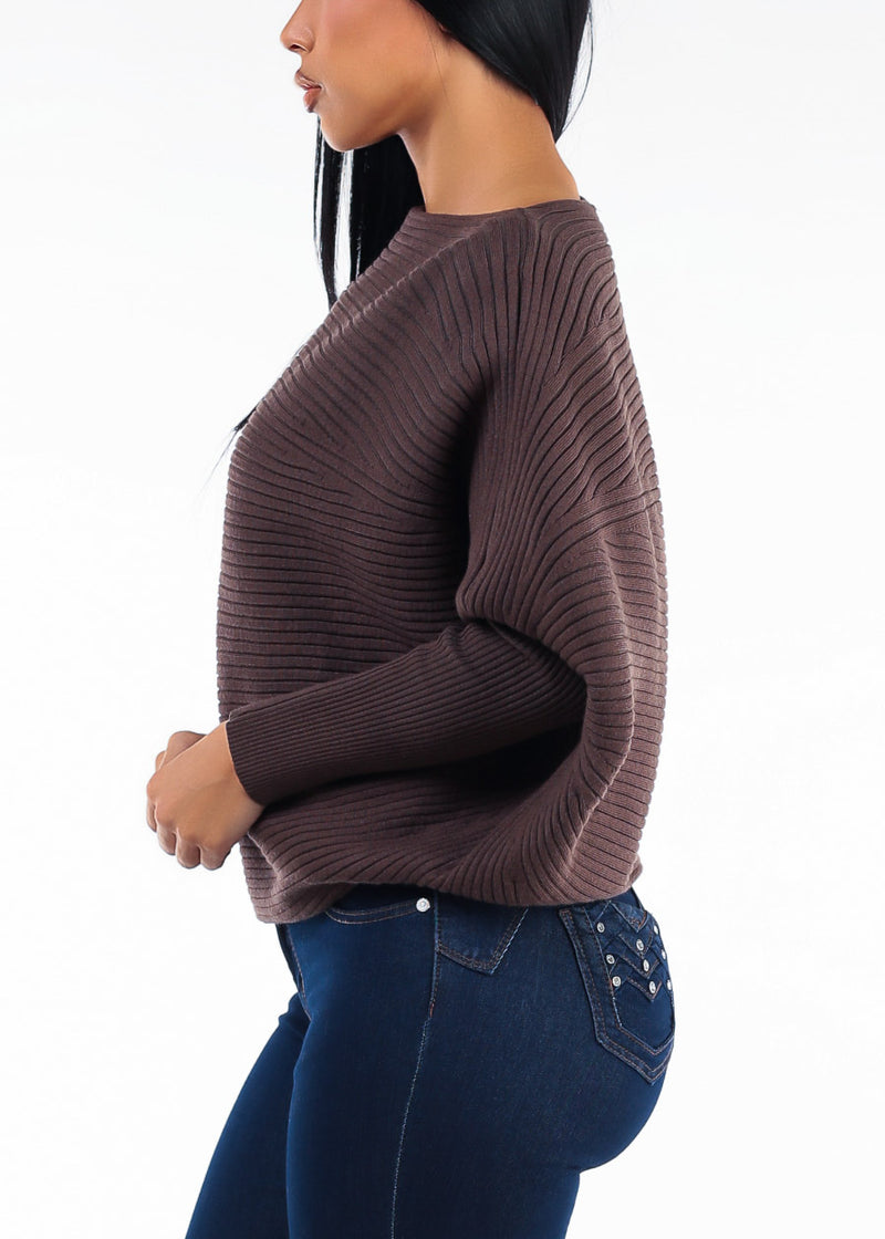 Long Sleeve Boat Neckline Ribbed Sweater Brown