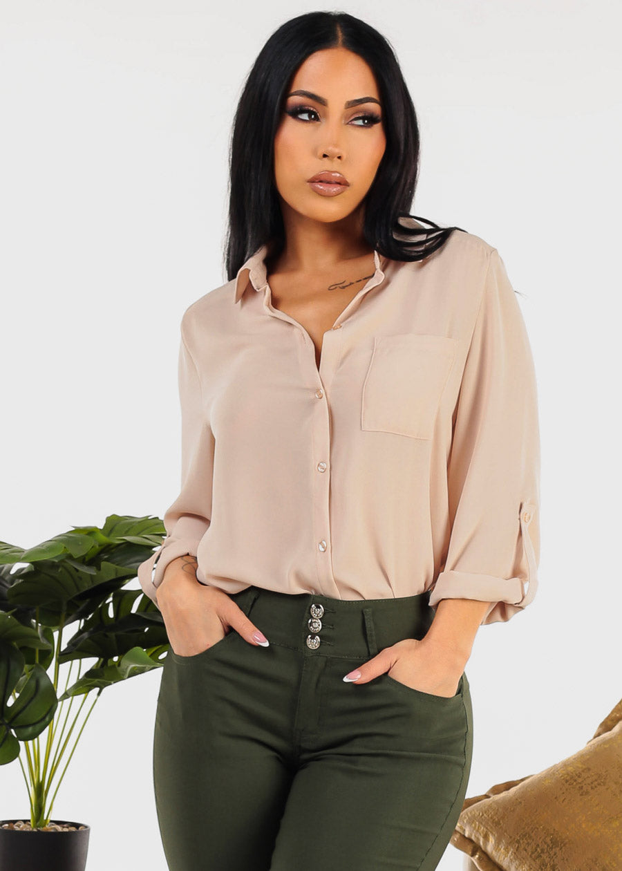 Chiffon Button Up Dressy Shirt Beige