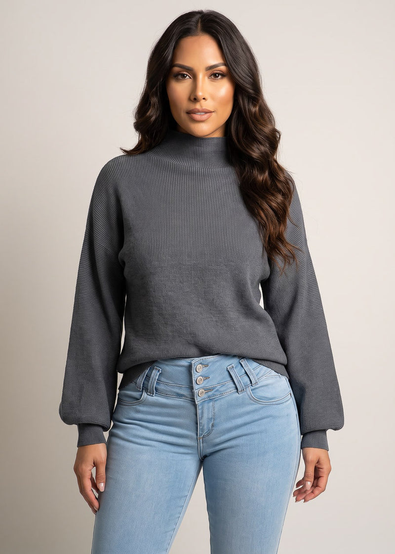 Long Sleeve Mock Neck Brushed Rib Stretch Sweater Dark Grey