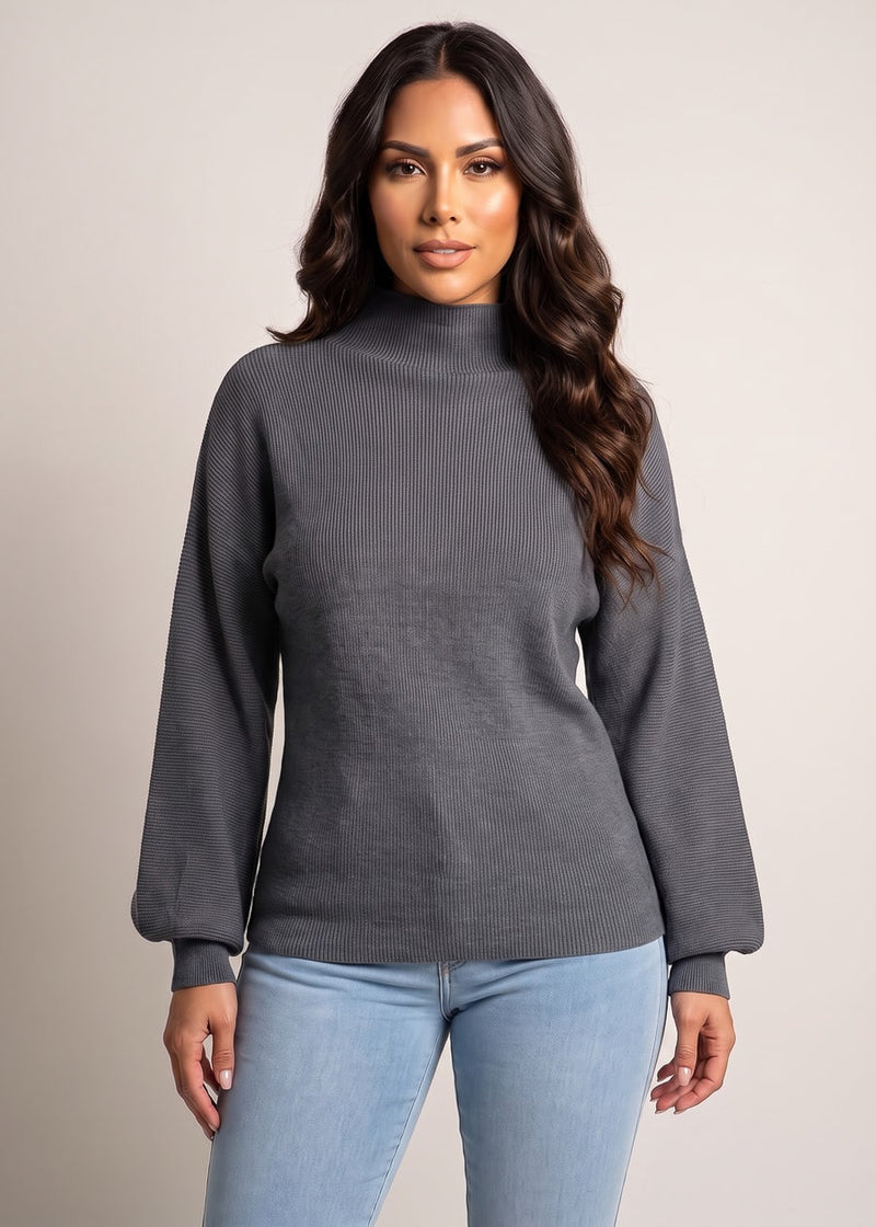 Long Sleeve Mock Neck Brushed Rib Stretch Sweater Dark Grey
