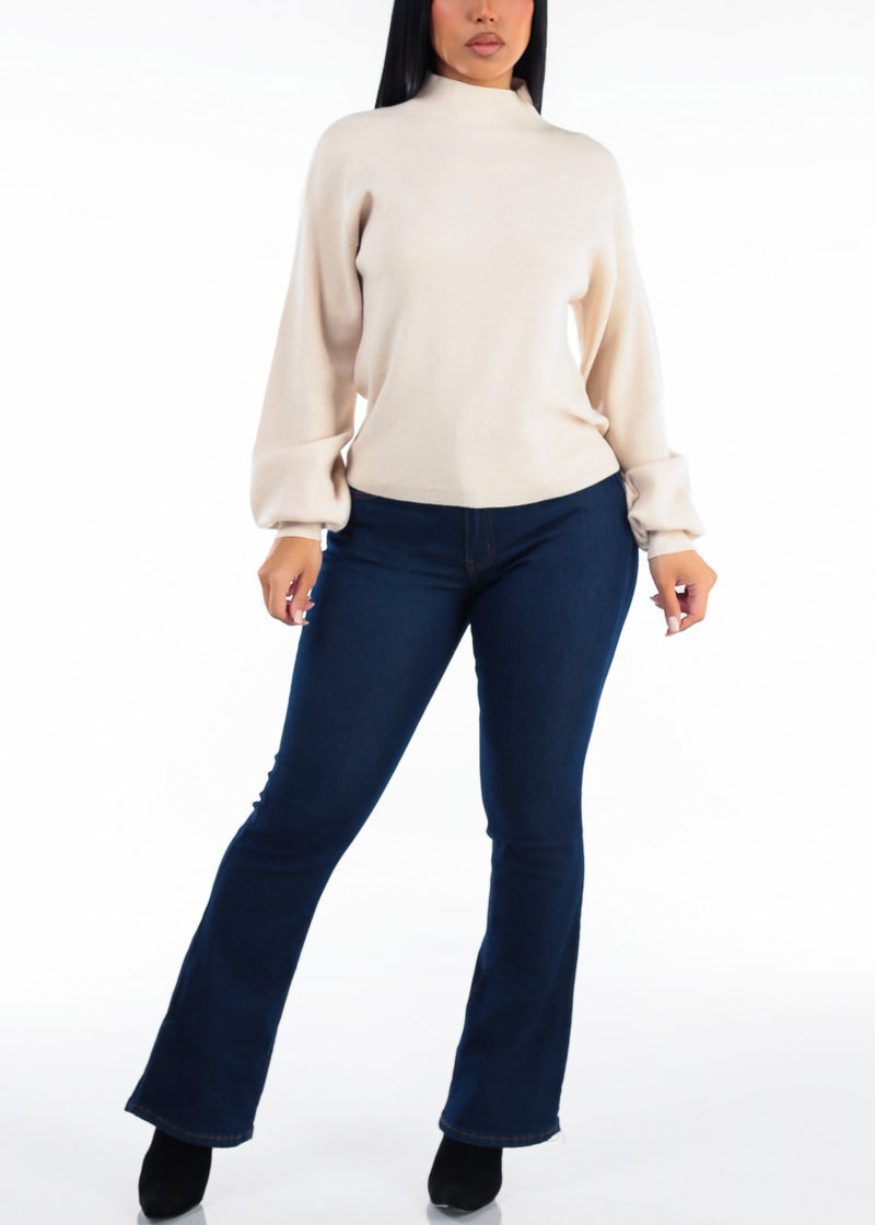 Long Sleeve Mock Neck Brushed Rib Stretch Sweater Beige