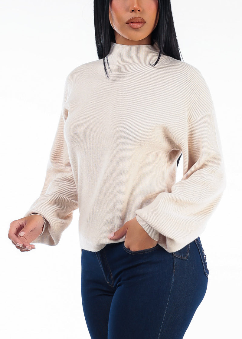 Long Sleeve Mock Neck Brushed Rib Stretch Sweater Beige