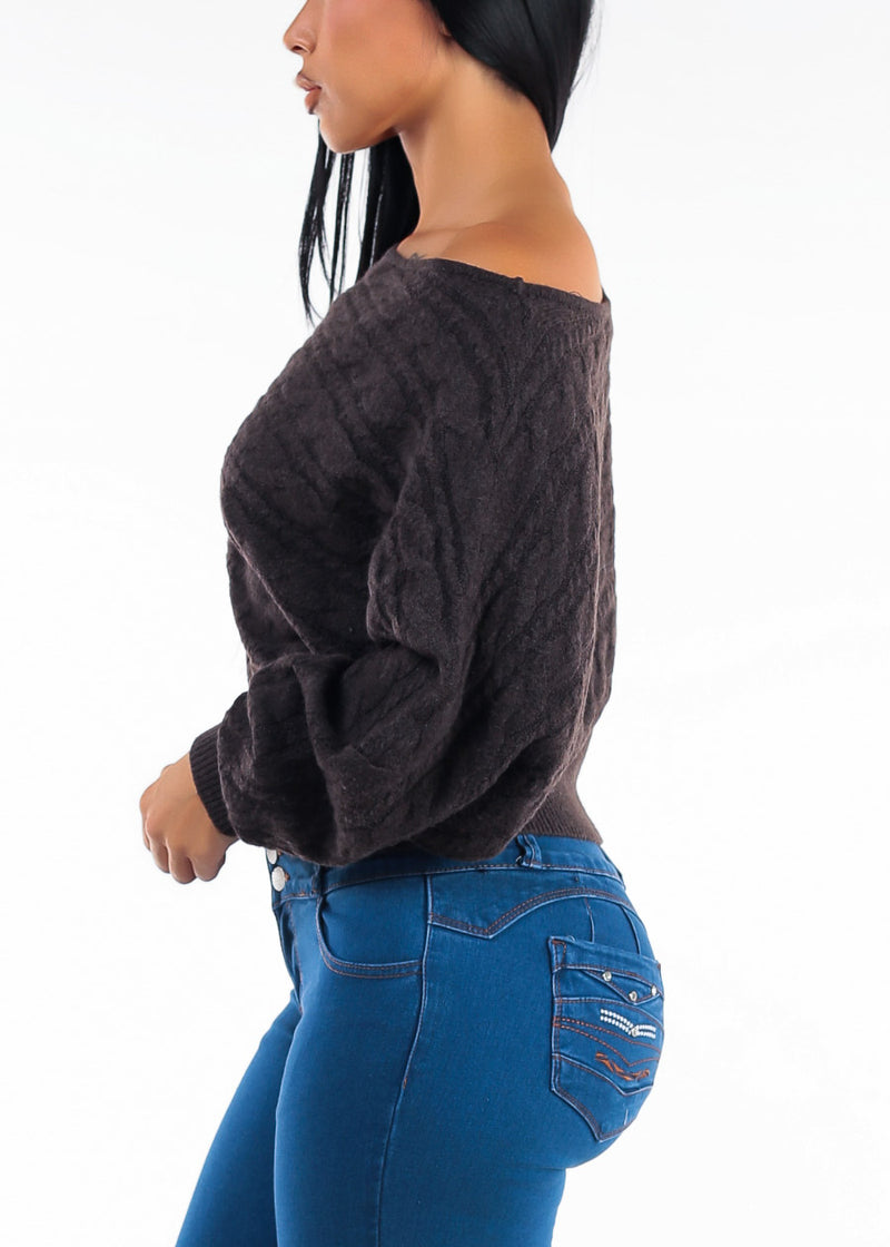 Long Sleeve Off Shoulder Cable Knit Sweater Brown