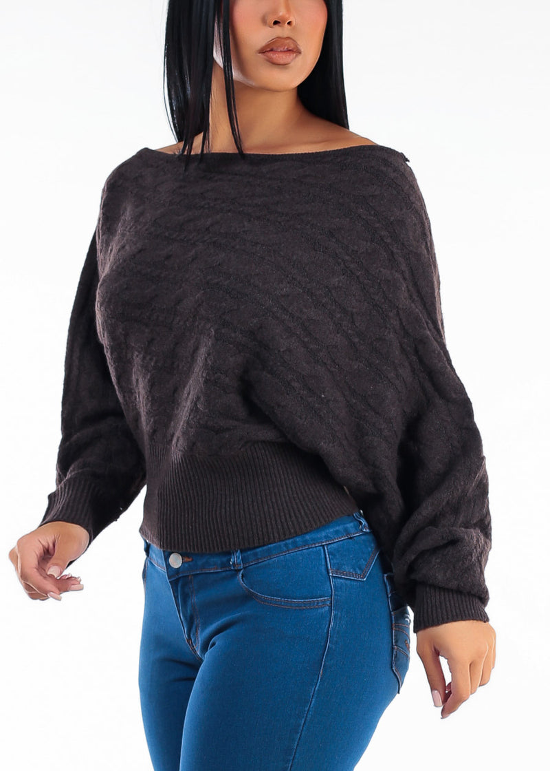 Long Sleeve Off Shoulder Cable Knit Sweater Brown