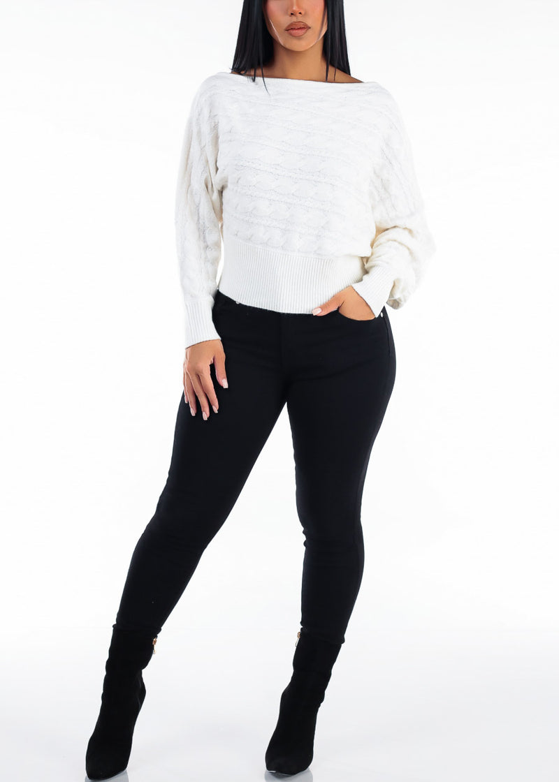 Long Sleeve Off Shoulder Cable Knit Sweater Ivory