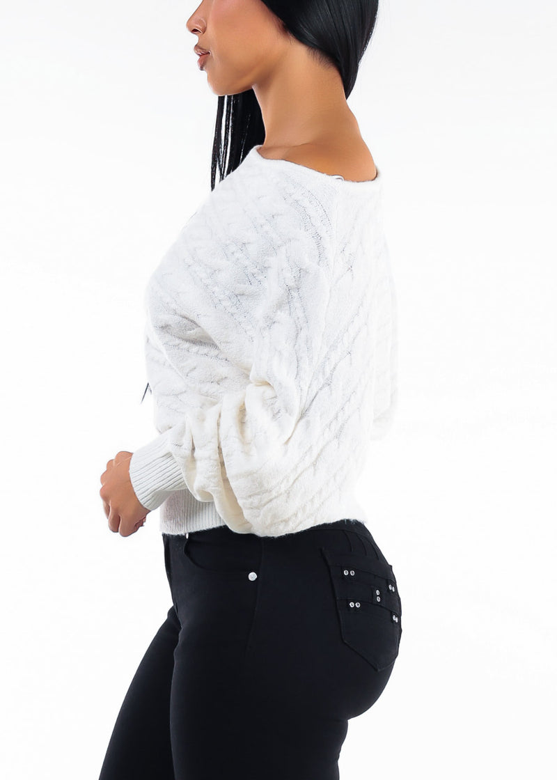 Long Sleeve Off Shoulder Cable Knit Sweater Ivory