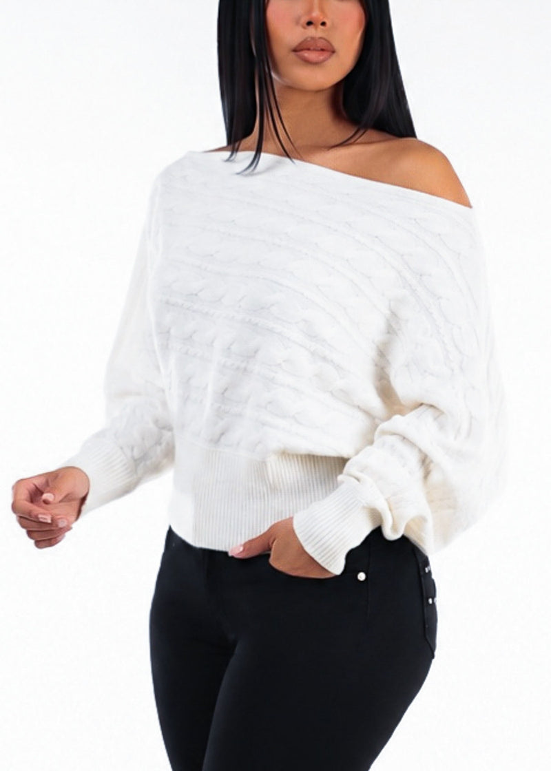 Long Sleeve Off Shoulder Cable Knit Sweater Ivory