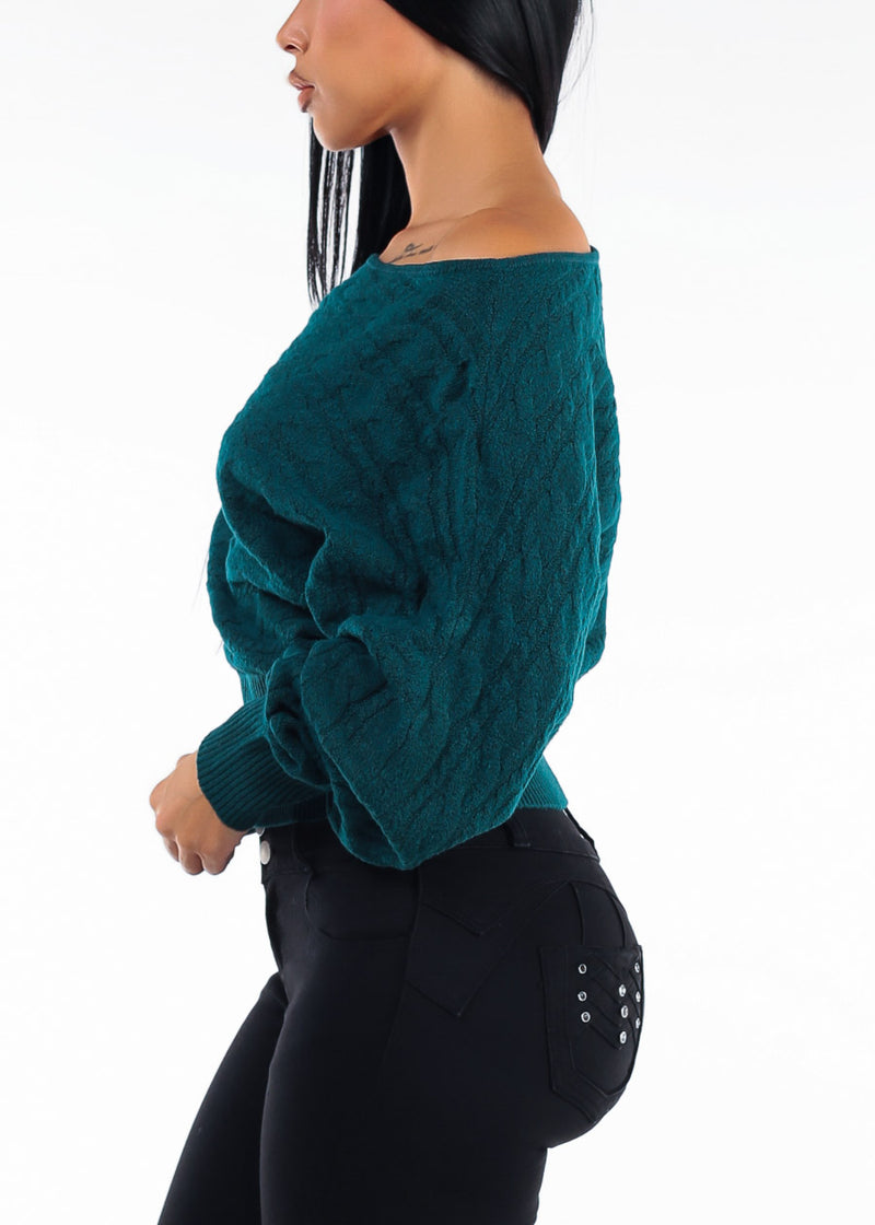 Long Sleeve Off Shoulder Cable Knit Sweater Teal Green