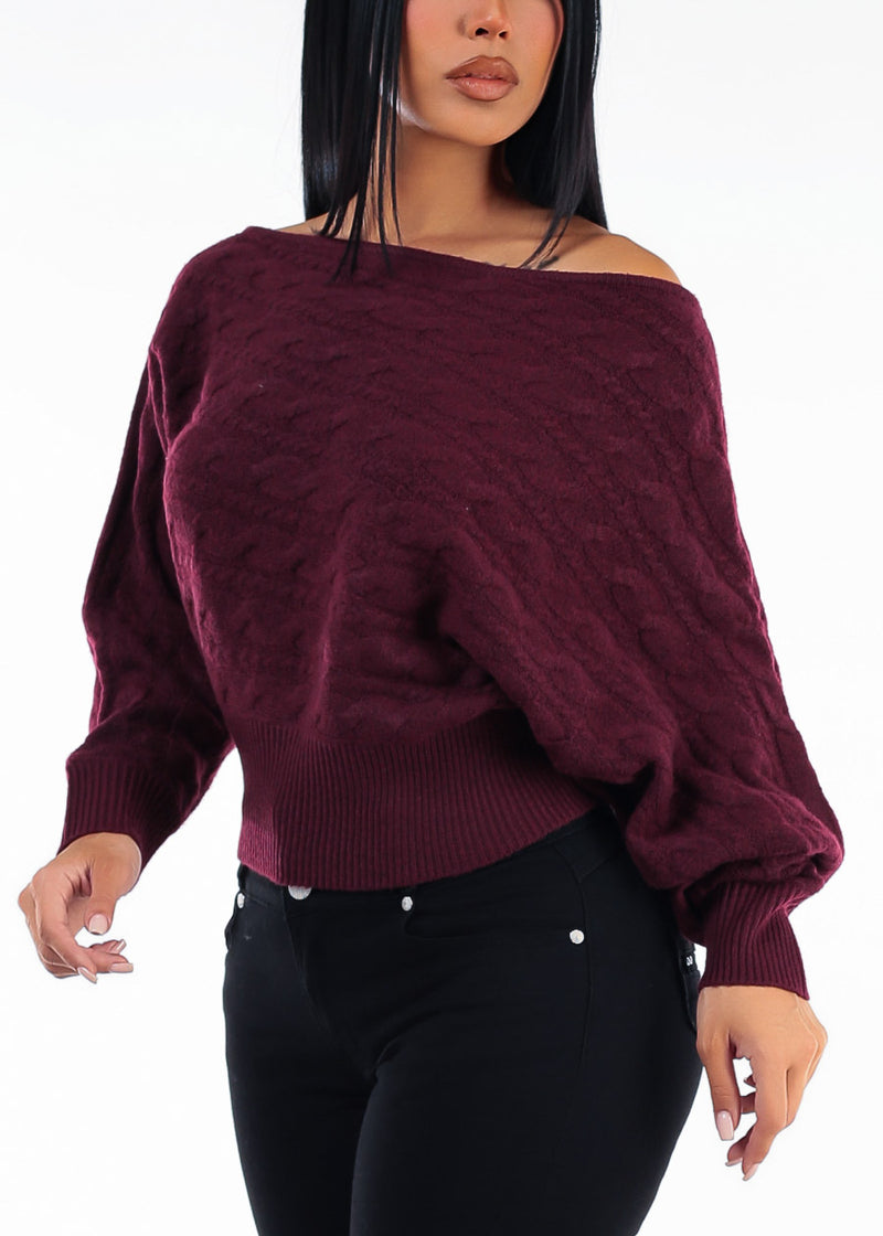 Long Sleeve Off Shoulder Cable Knit Sweater Wine