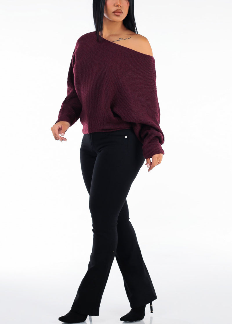 Long Sleeve Boat Neckline Oversized Sweater Burgundy