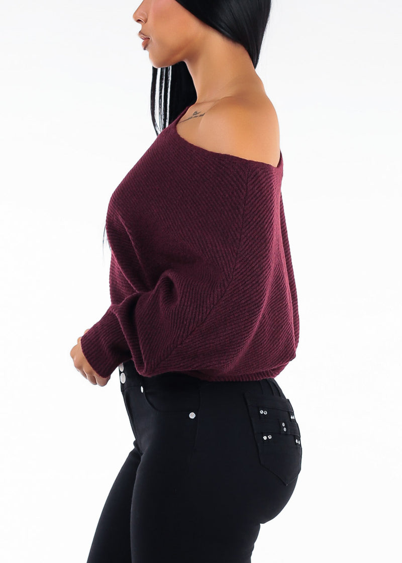 Long Sleeve Boat Neckline Oversized Sweater Burgundy