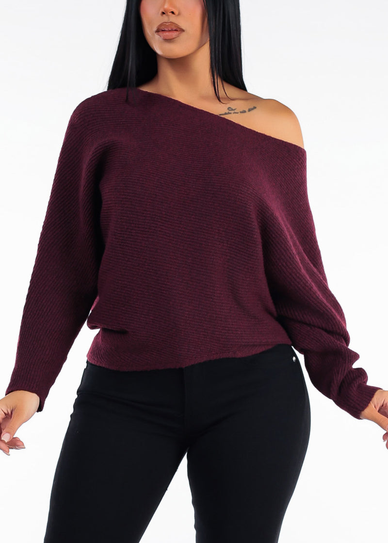 Long Sleeve Boat Neckline Oversized Sweater Burgundy