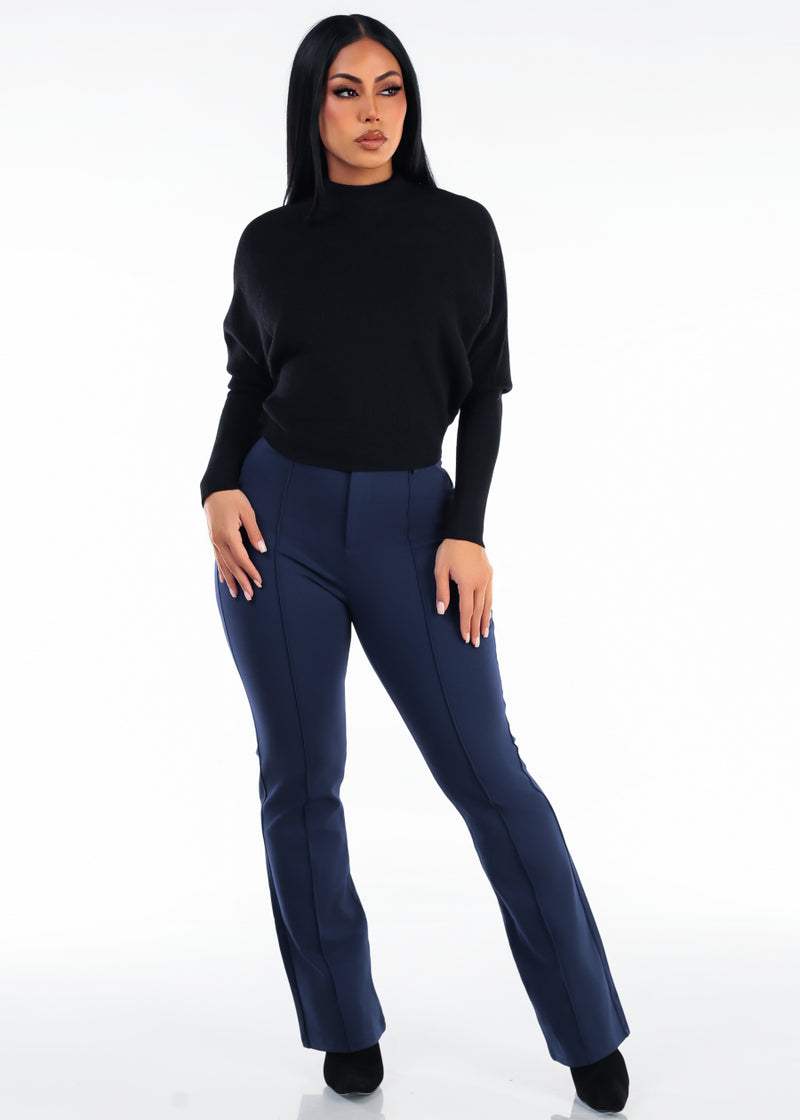 Batwing Long Sleeve Mock Neck Knit Sweater Black