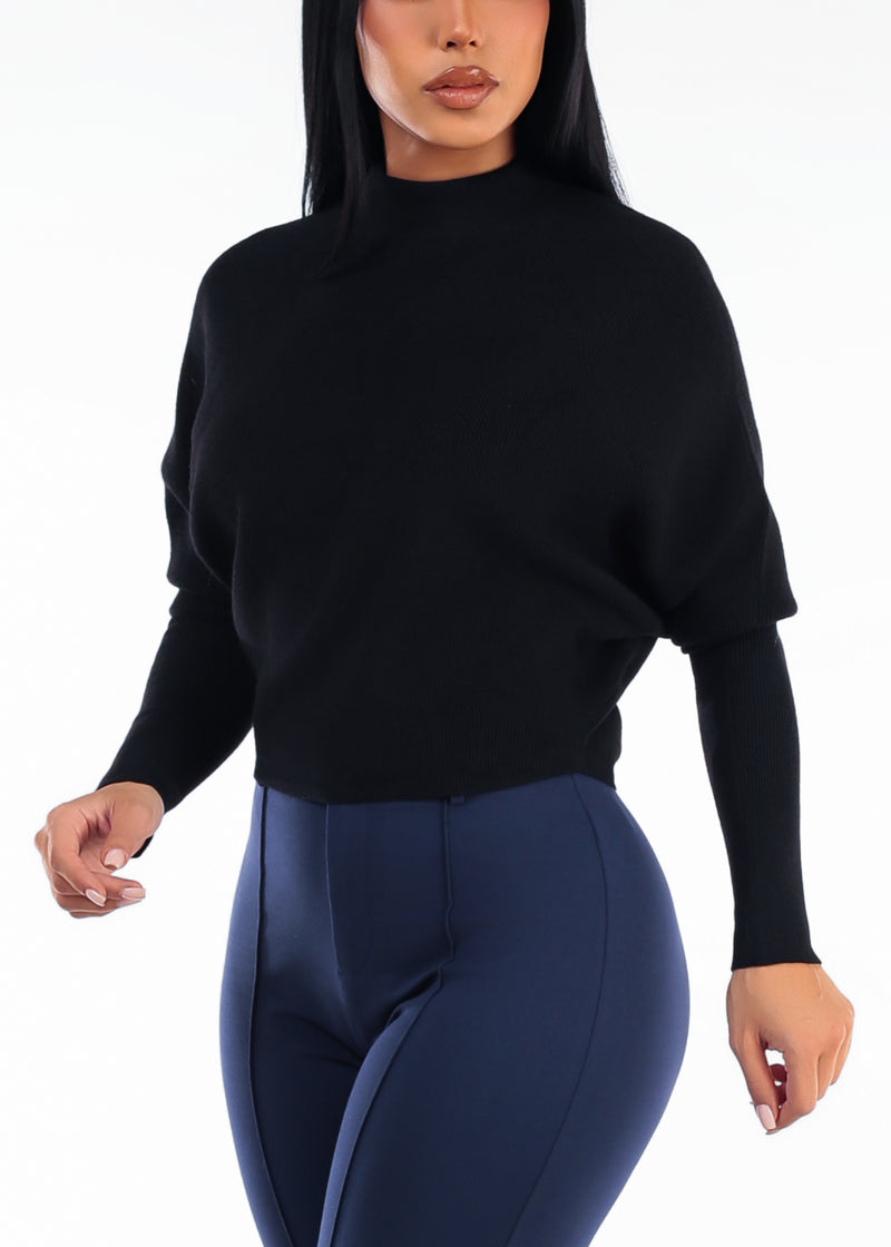 Batwing Long Sleeve Mock Neck Knit Sweater Black