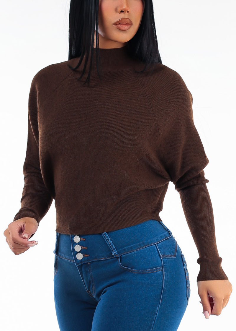 Batwing Long Sleeve Mock Neck Knit Sweater Brown