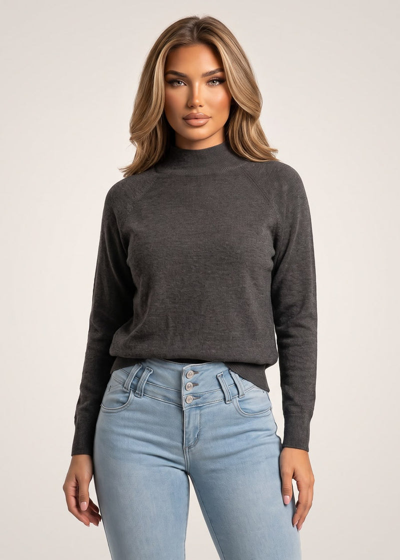 Batwing Long Sleeve Mock Neck Knit Sweater Charcoal