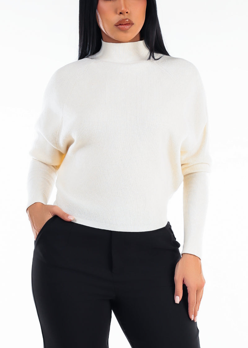 Batwing Long Sleeve Mock Neck Knit Sweater Ivory