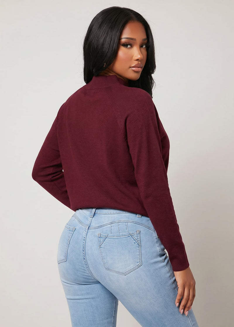 Batwing Long Sleeve Mock Neck Knit Sweater Burgundy
