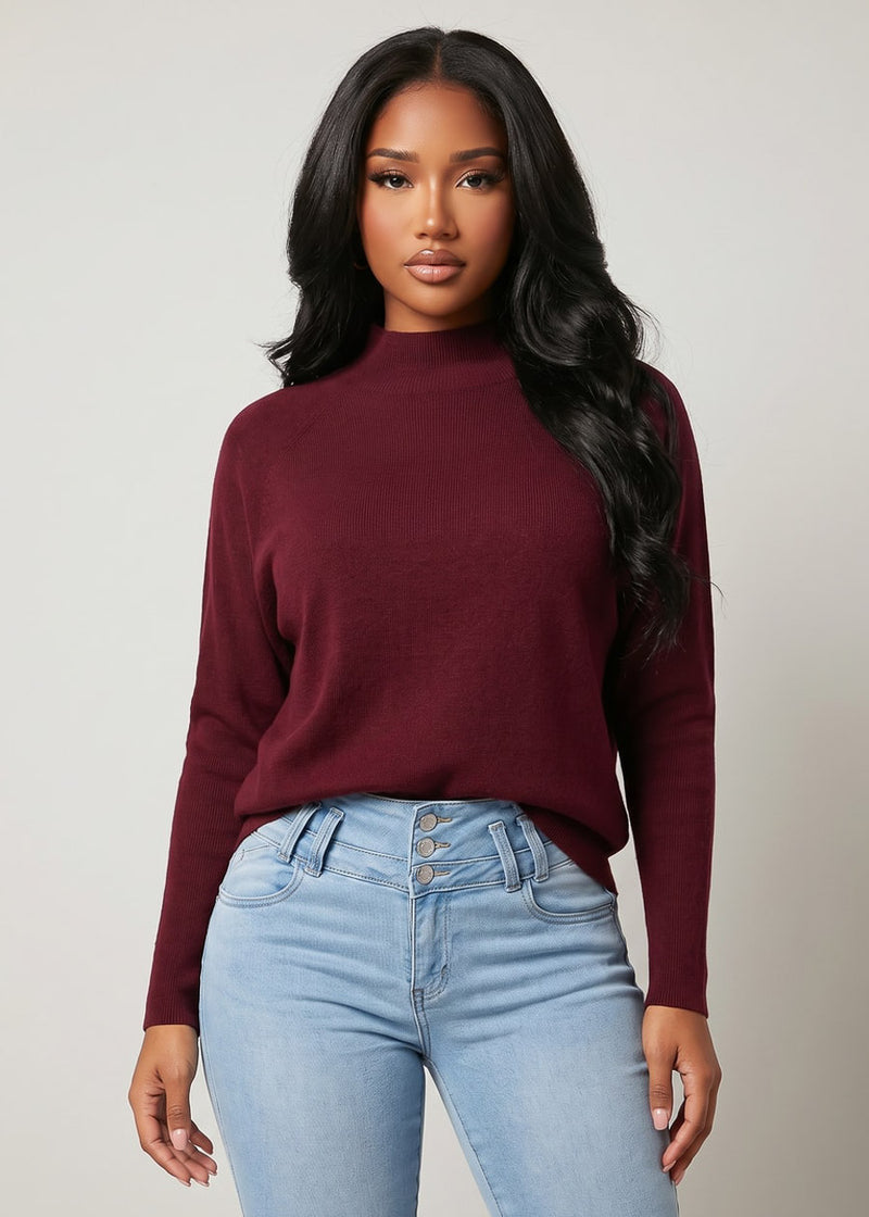 Batwing Long Sleeve Mock Neck Knit Sweater Burgundy