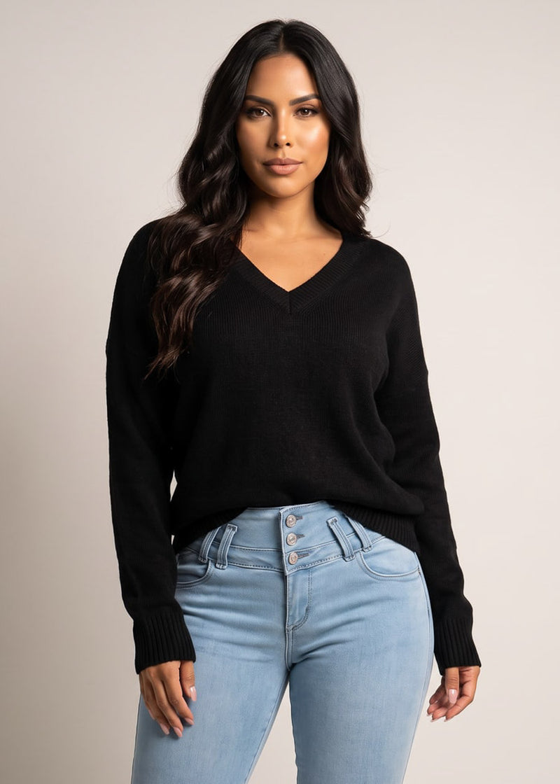 Long Sleeve Vneck Oversized Sweater Black
