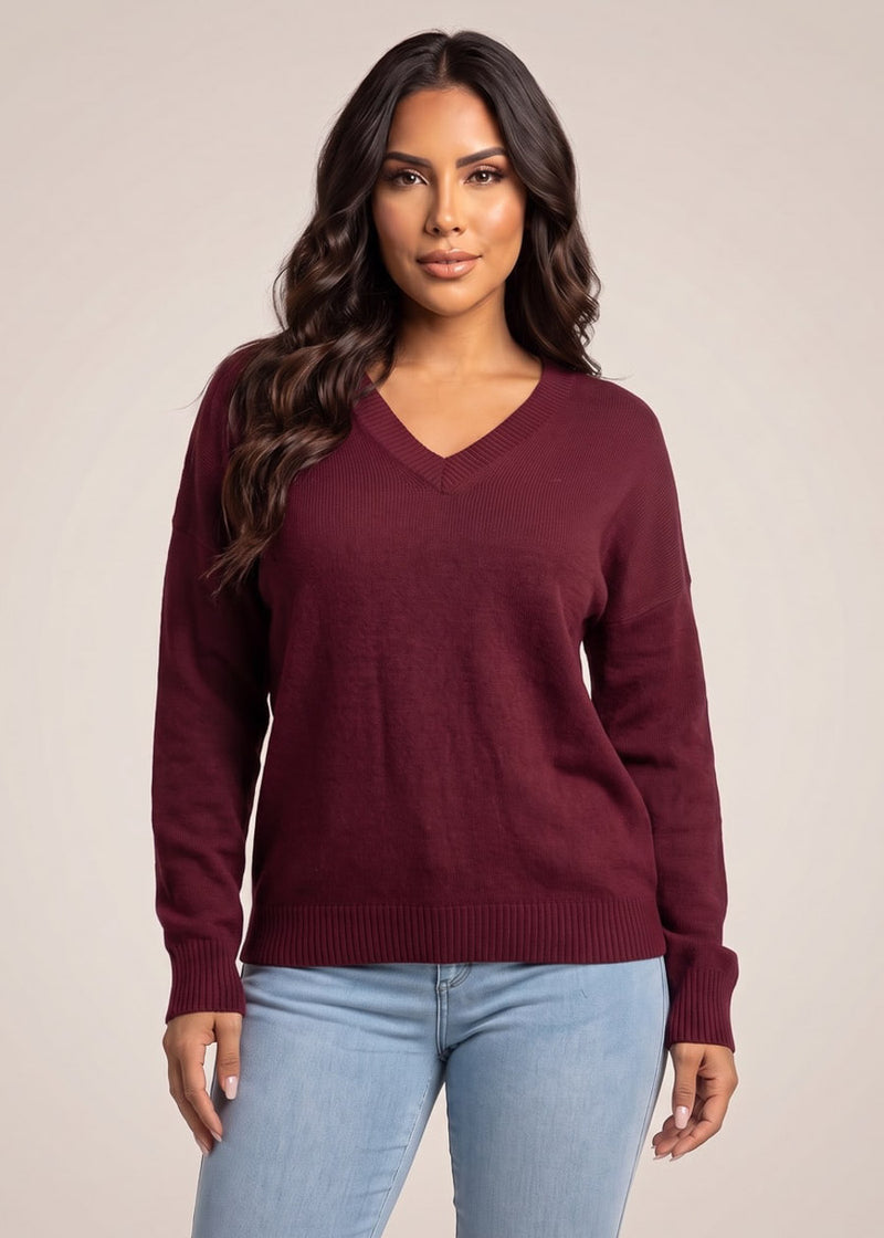 Long Sleeve Vneck Oversized Sweater Burgundy