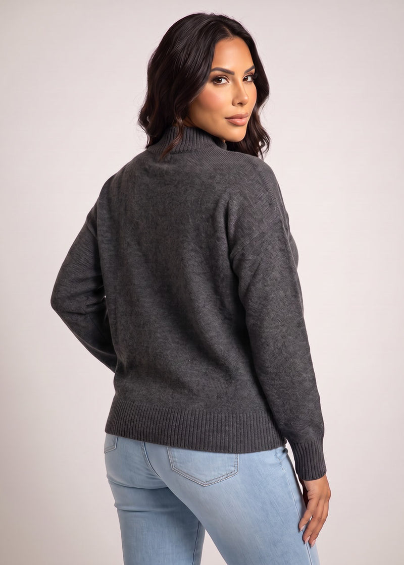 Mock Neck Long Sleeve Knit Sweater Charcoal