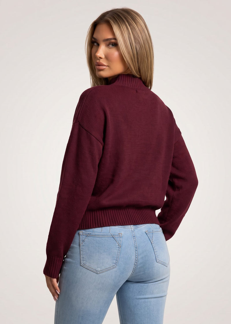 Mock Neck Long Sleeve Knit Sweater Burgundy