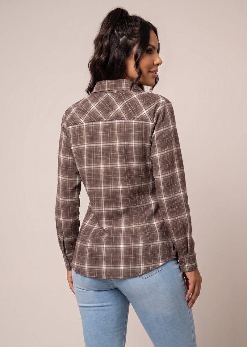 Long Sleeve Button Up Stretch Plaid Collared Blouse Brown