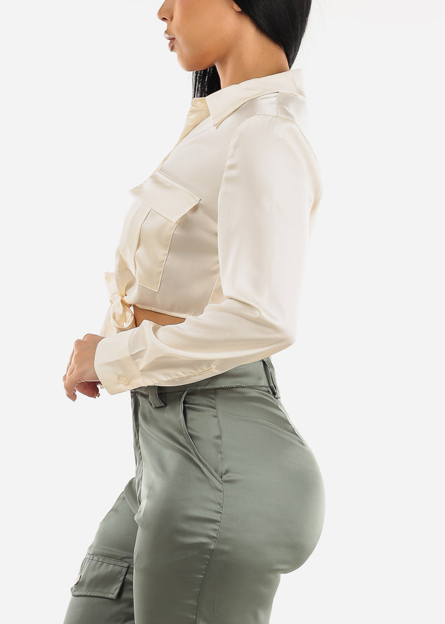 Long Sleeve Button Up Satin Crop Top Ivory