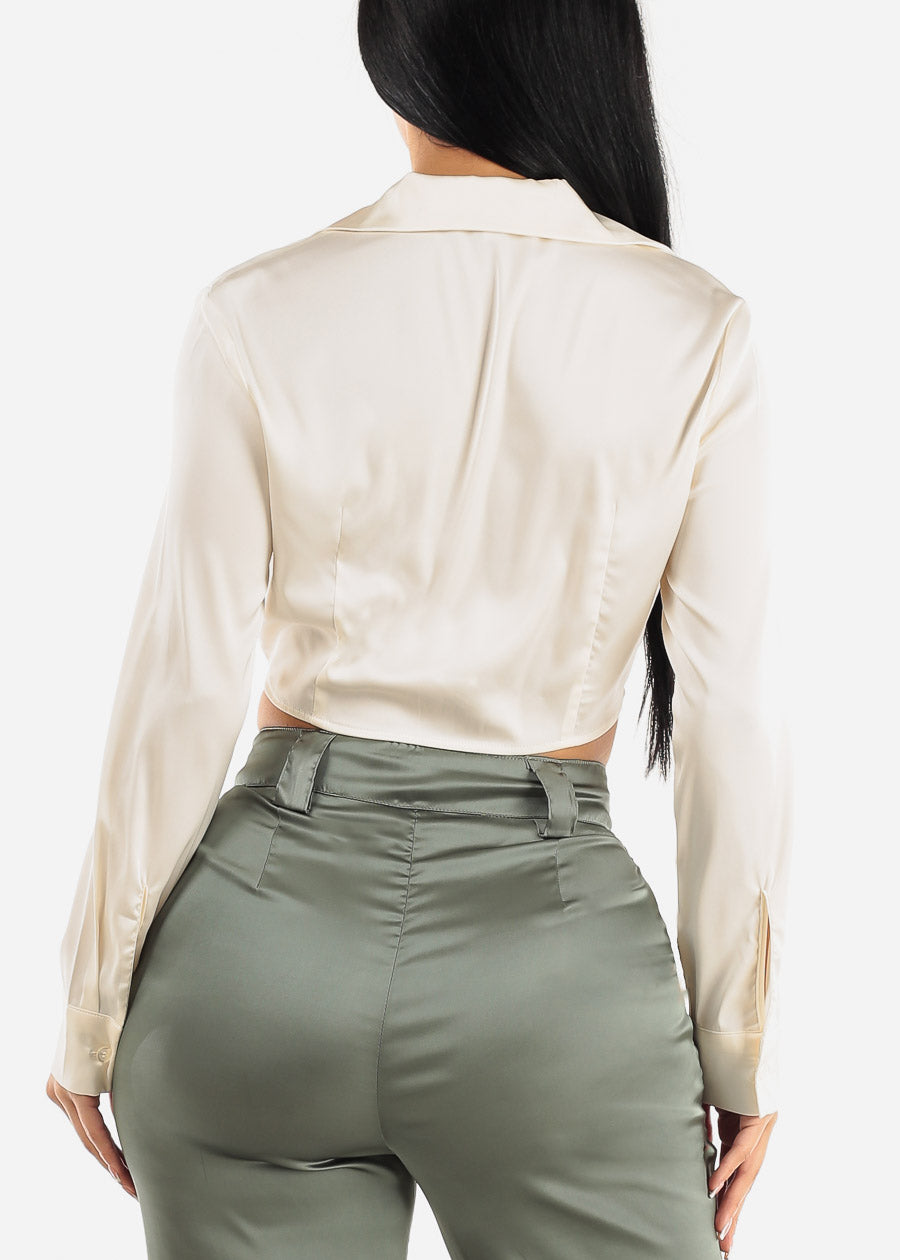 Long Sleeve Button Up Satin Crop Top Ivory